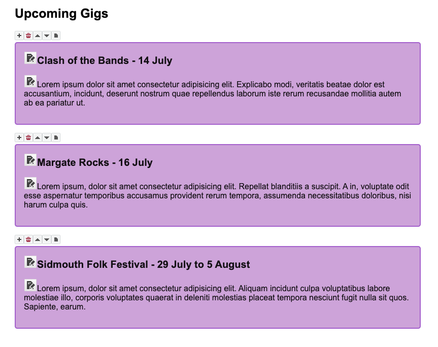 An example showing how the Loop element could be used to create a simple events calendar, comprising of Short Text and Long Text elements for each event listing.