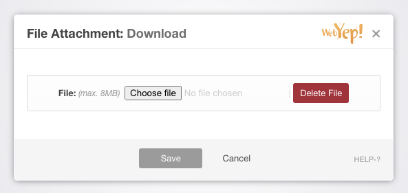 The Attachment editor window, prior to a file being selected for upload.