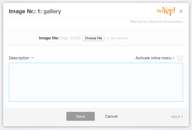 The Image Gallery editor window, ready to accept new image uploads.